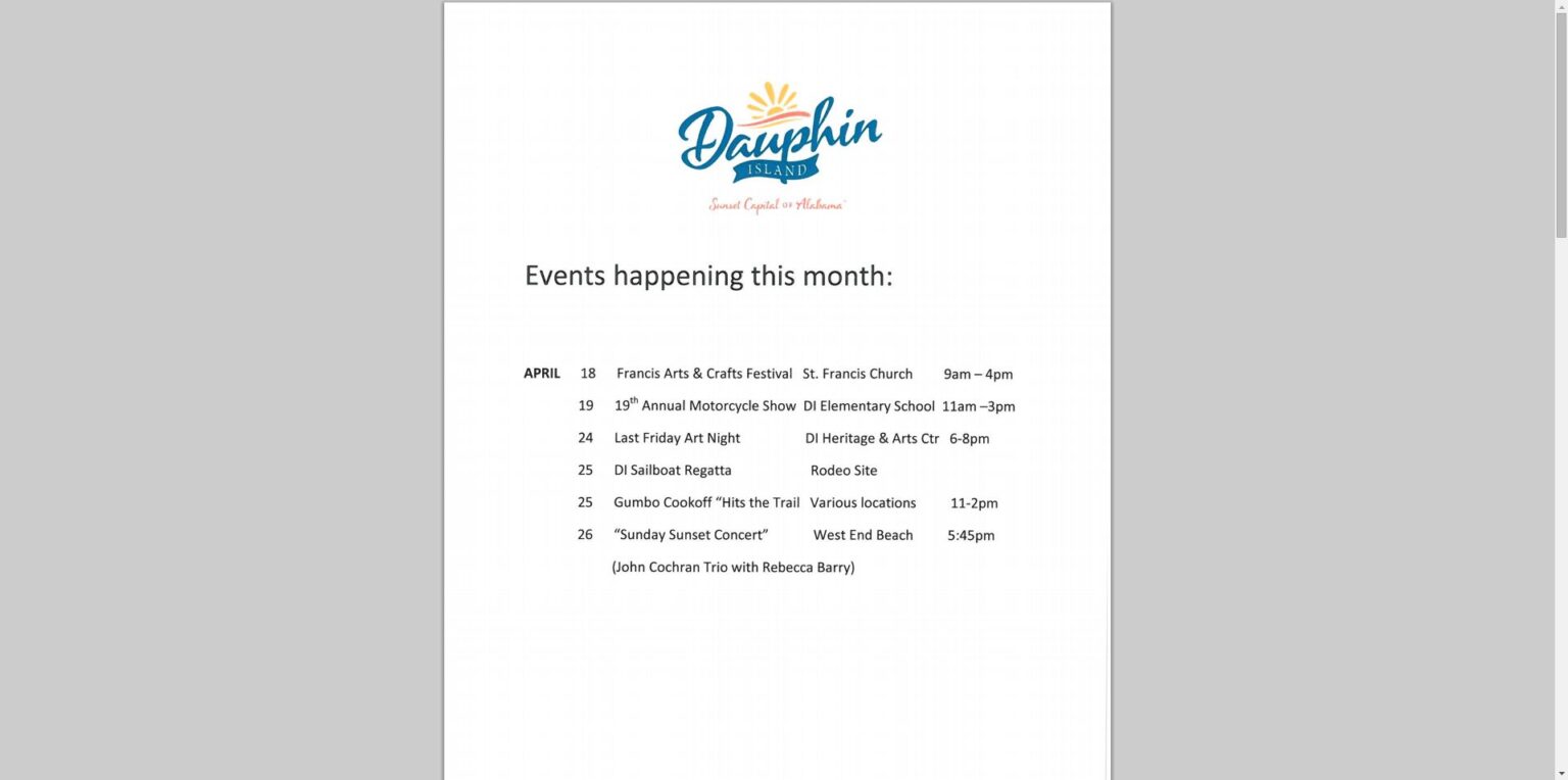 Dauphin Island Calendar of Events for April 2015 Dauphin Island Beach